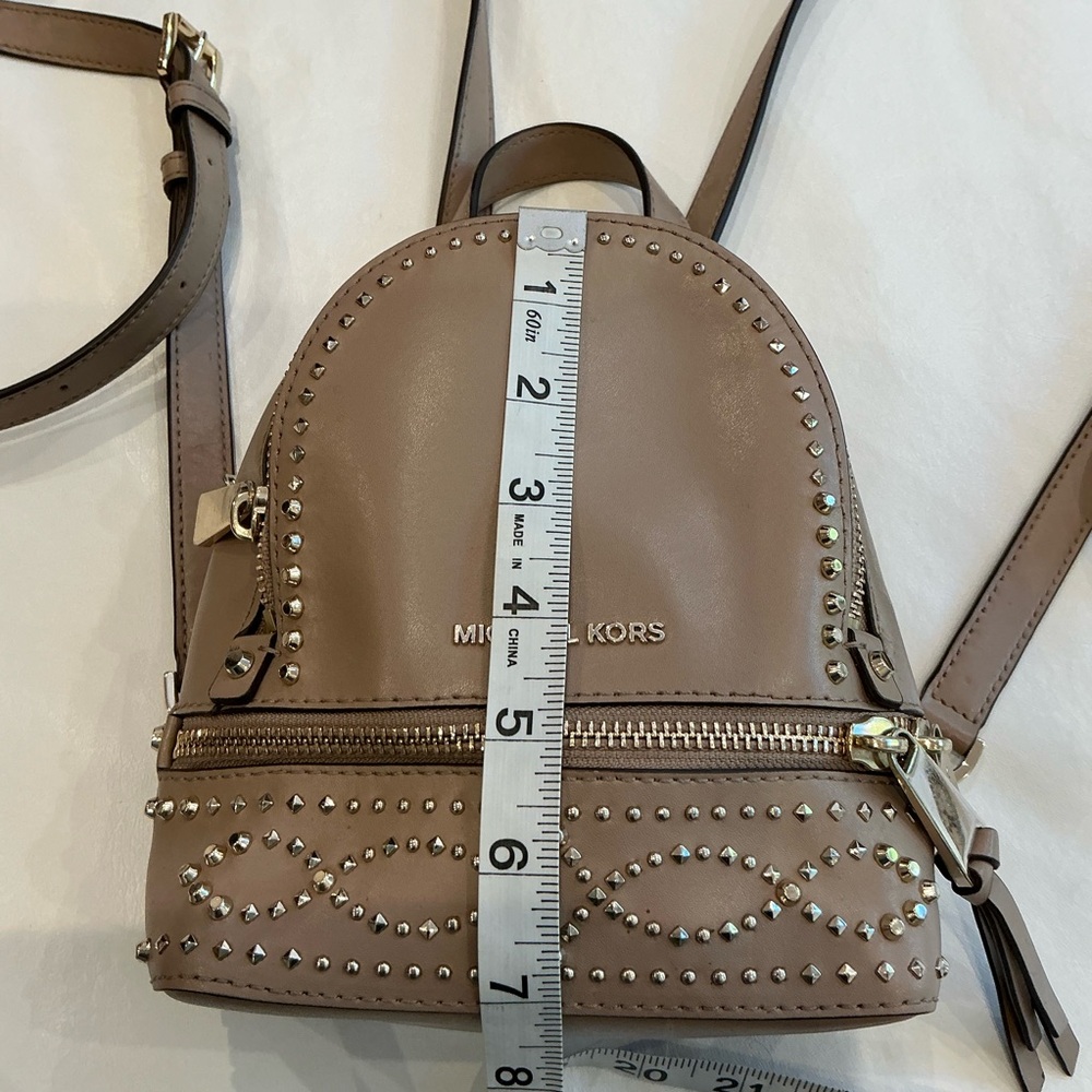 Michael Kors Rhea Studded Leather Mini Backpack in Taupe - Picture 13 of 16
